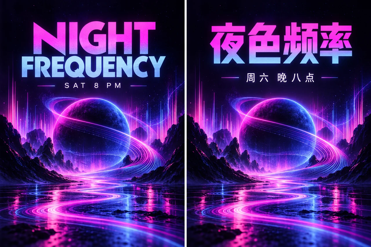 English NIGHT FREQUENCY and Chinese 夜色频率 music posters in purple, magenta and blue