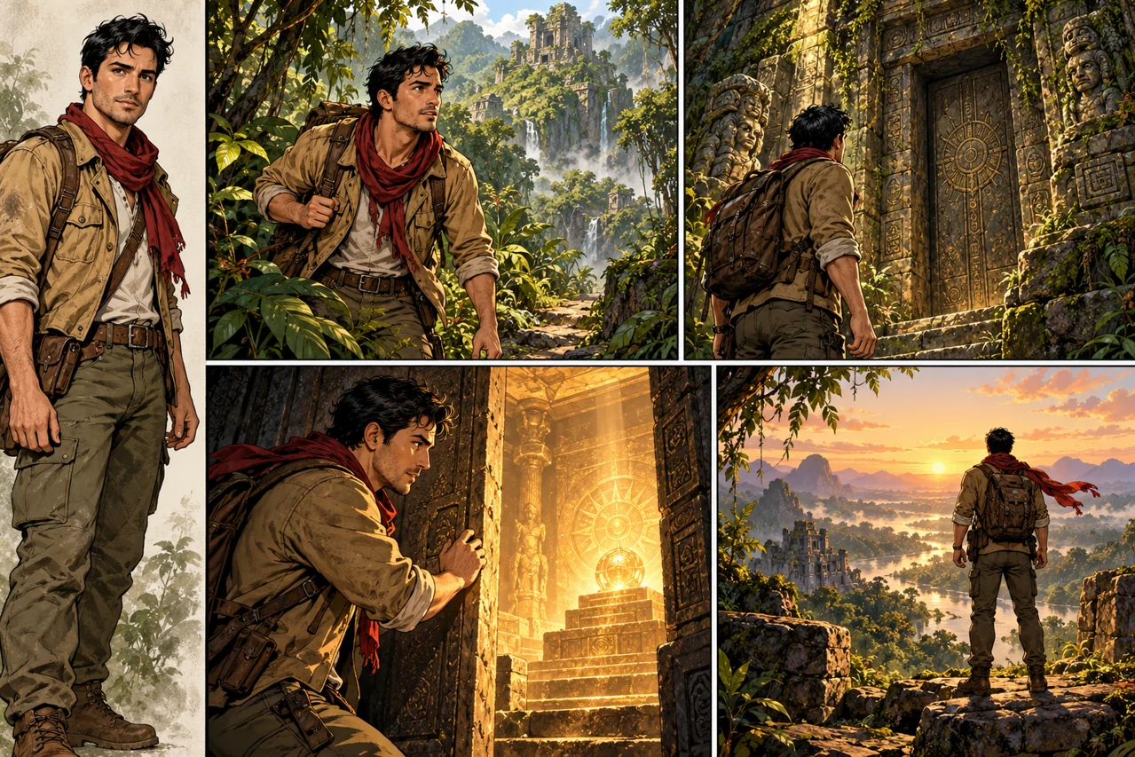 Original adult explorer reference and four comic panels following a jungle adventure