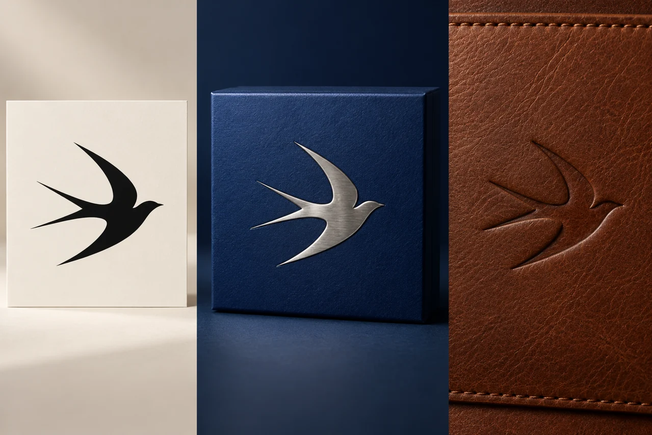 Original swallow emblem shown flat, embossed on a cobalt box and debossed in brown leather