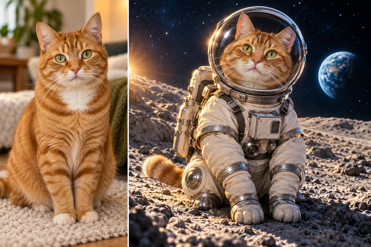 Orange tabby cat beside an astronaut character with matching green eyes and coat markings