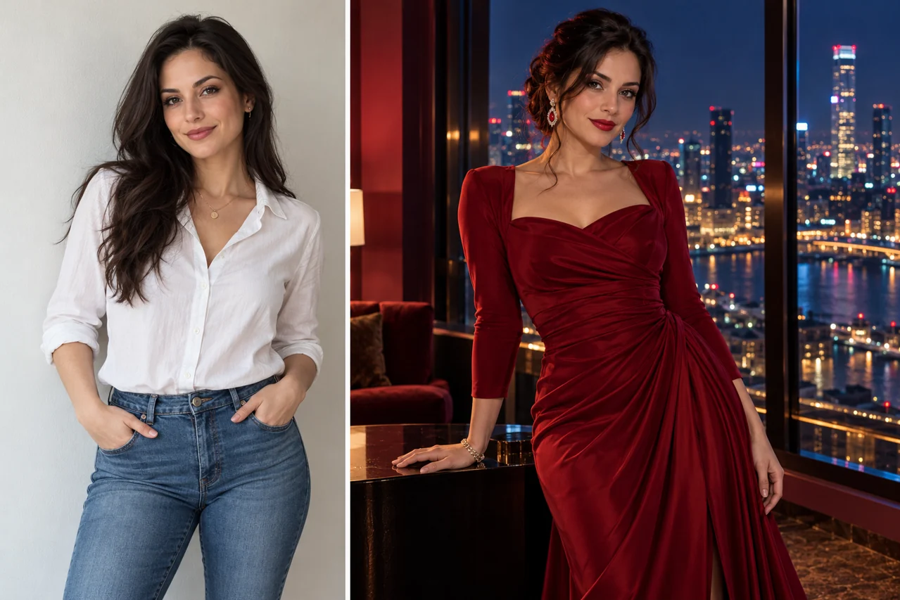 Casual adult woman in a white blouse beside a glamorous crimson-gown city-night fashion portrait