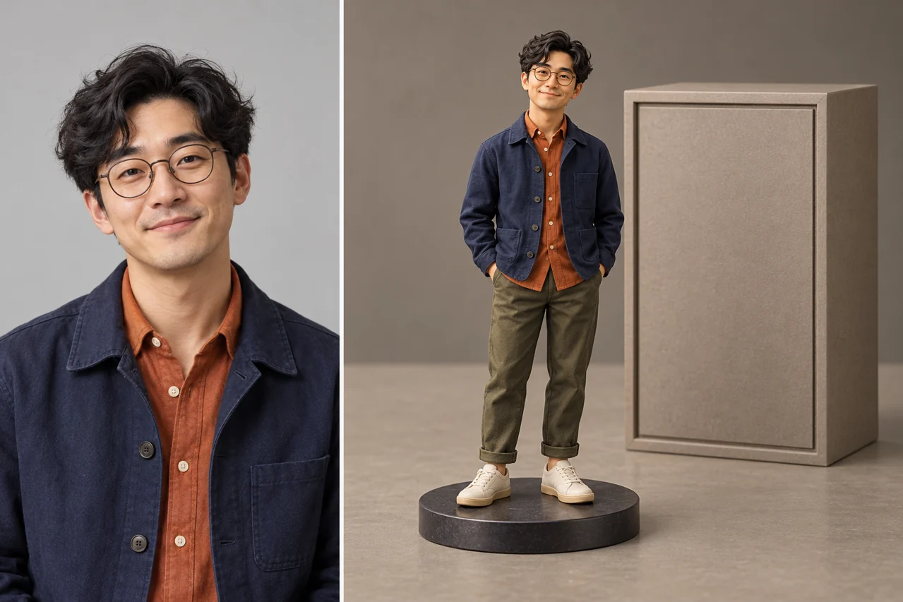 Adult man in a navy jacket beside a stylized full-body collectible figurine with matching hair, glasses and clothes