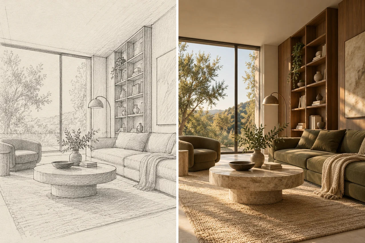 Pencil living-room sketch beside a photoreal walnut-and-olive interior following the same layout