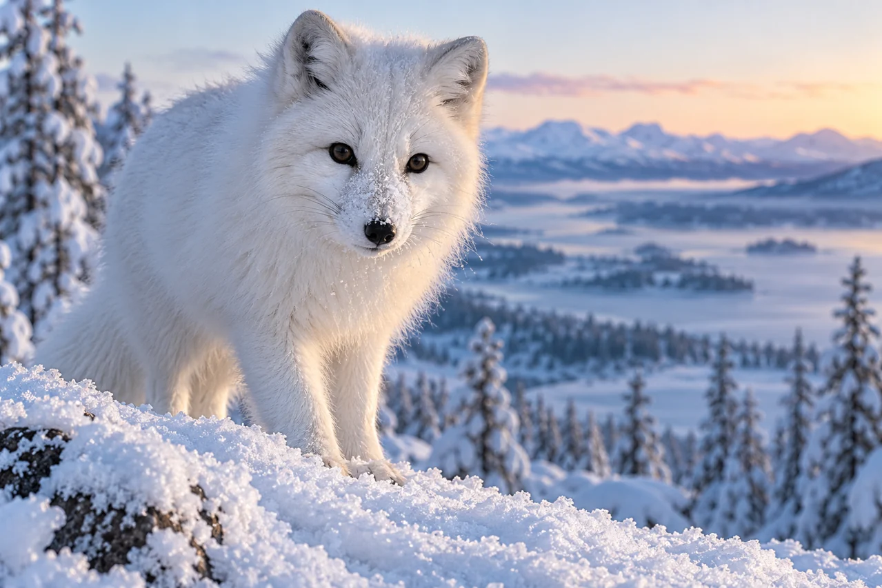 White arctic fox with detailed winter fur against a blue snowy forest