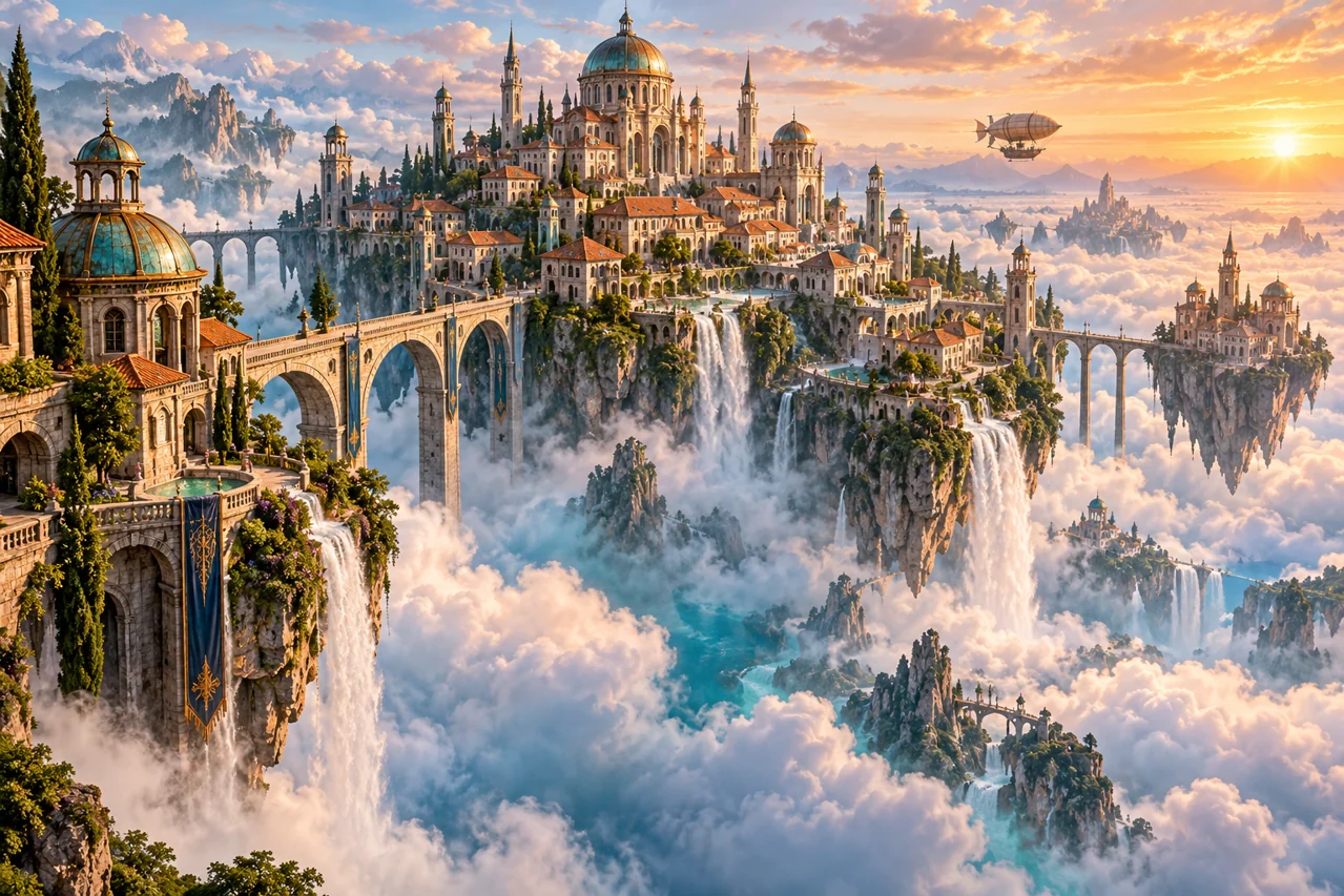 Floating city with terracotta roofs and waterfalls above a sunlit sea of clouds