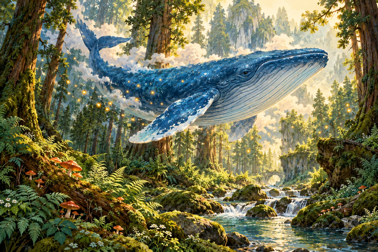 Gouache-style blue whale floating between green forest trees and fireflies