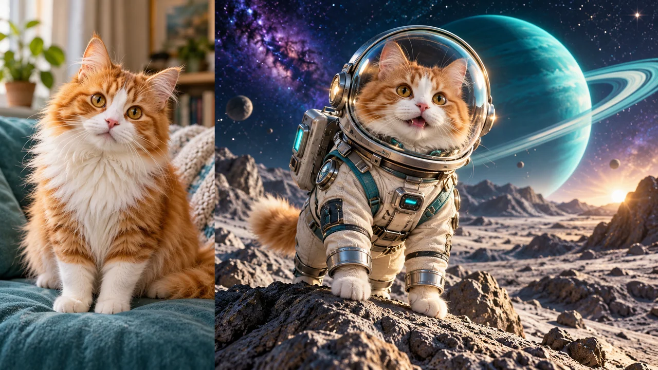 オレンジと白の猫を月面探検家にするコンセプト比較