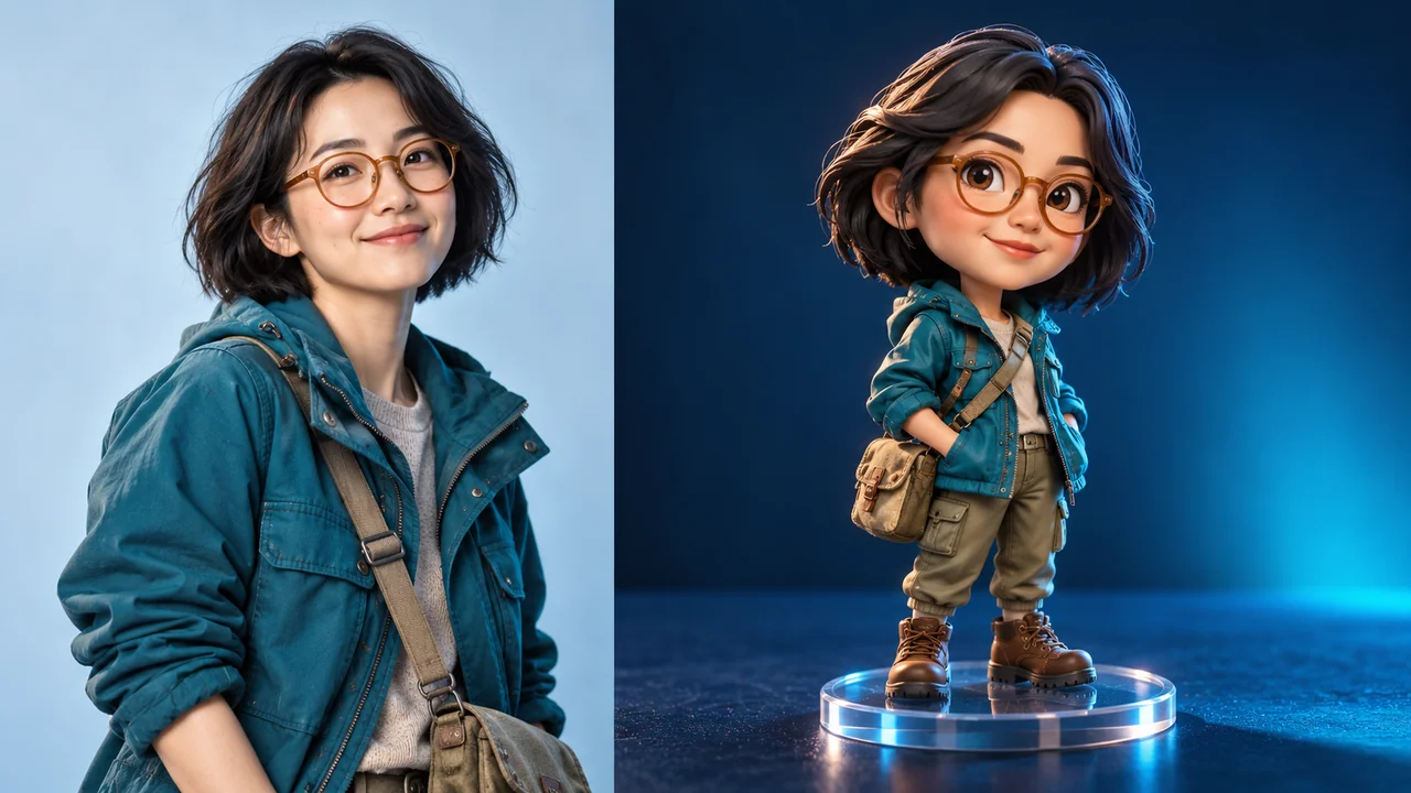 成人の写真を青緑のジャケットの3Dフィギュアにするコンセプト比較