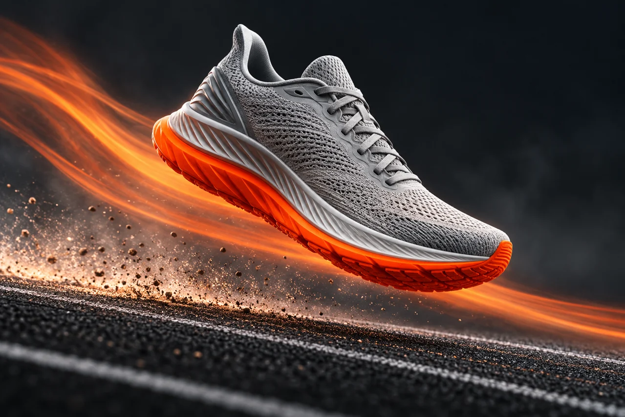 Silver-gray running shoe with orange sole and a motion trail above a dark track