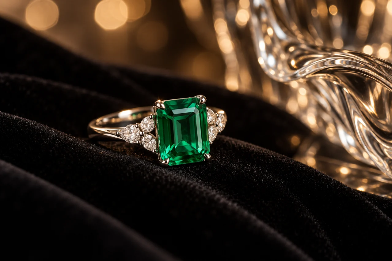 Emerald-cut green gemstone ring on black velvet beside clear sculptural glass