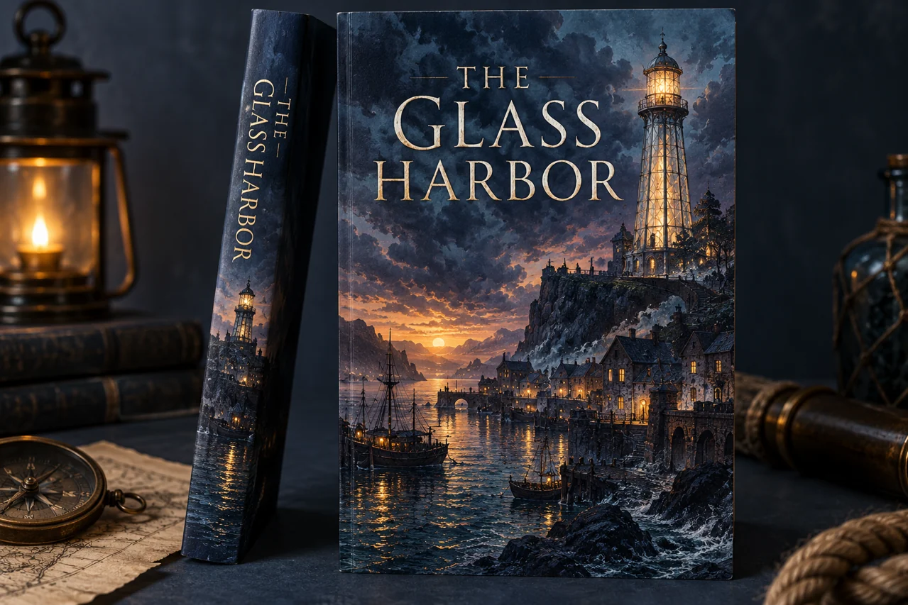 Original THE GLASS HARBOR paperback with an indigo harbor, glass lighthouse and amber lamps