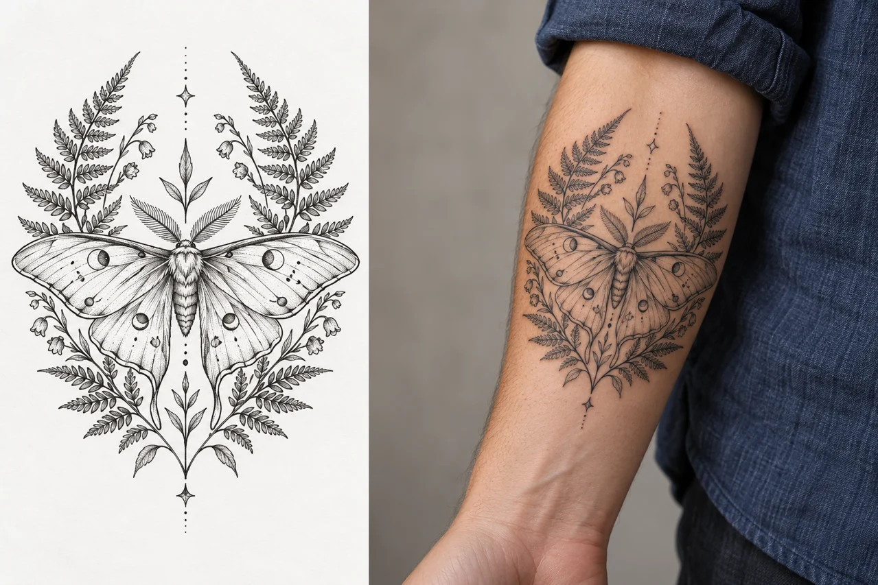 Fine-line botanical moth design on paper and on an adult forearm with an indigo shirt sleeve