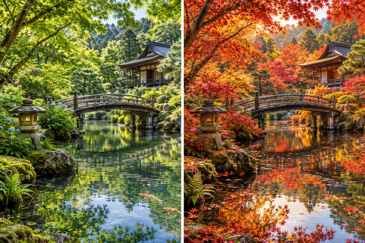 Same wooden bridge and garden pond shown in green summer and red-orange autumn