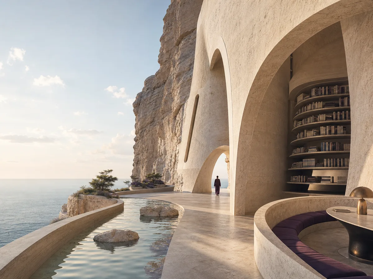 Cliffside storybook library image prompt example