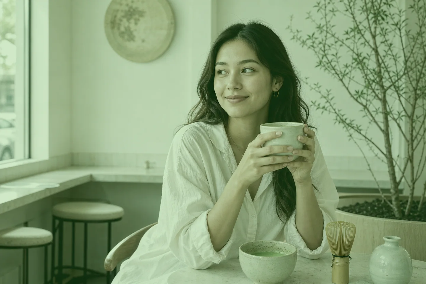带有明显抹茶绿色滤镜的人像照片